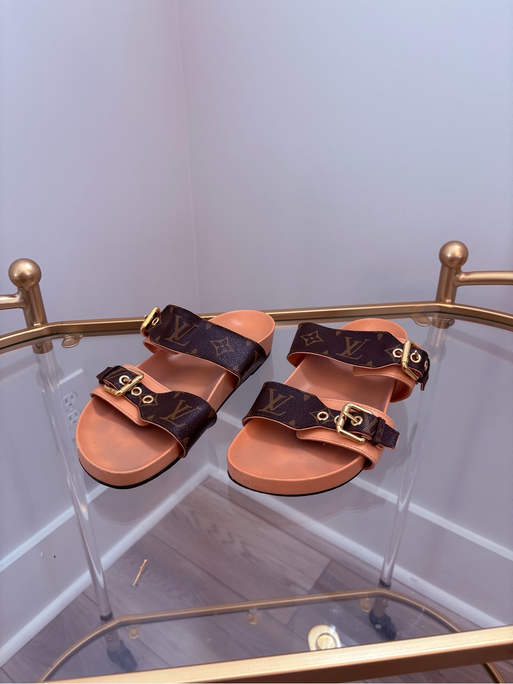 Louis Vuitton Brown Monogram Double Buckle Slide Sandals with Pink Footbed